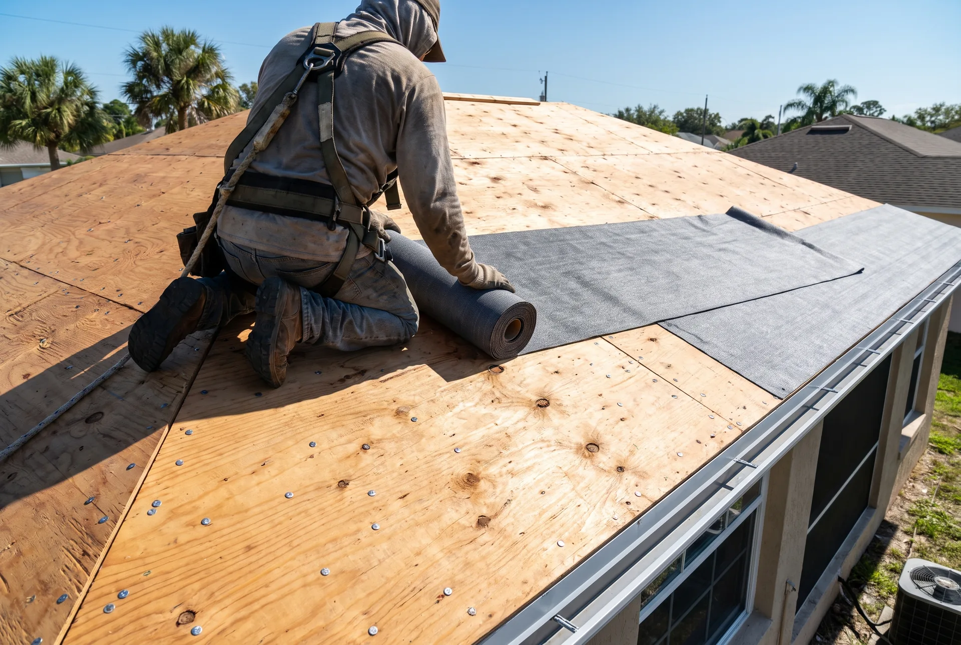 Peel-and-stick secondary water barrier being rolled onto a sealed roof deck before tile installation